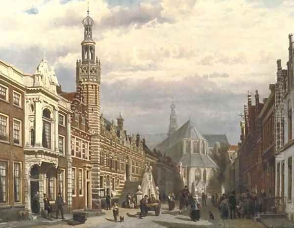 View of the Town Hall and the St. Laurenschurch in Alkmaar Oil Painting by Cornelis Springer