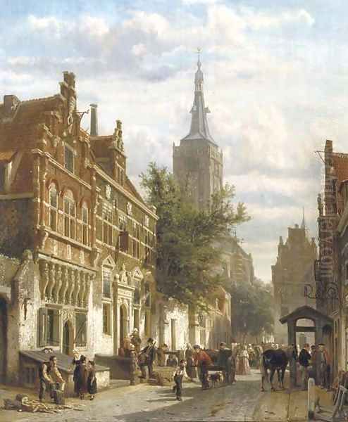 A sunny view of the Nieuwstraat in the Dutch town of Hasselt, with the St. Stephanus church beyond Oil Painting by Cornelis Springer