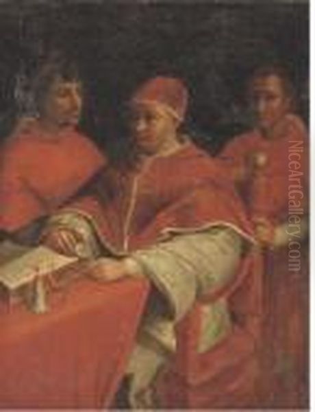 Pope Leo X With Cardinals Guilio De'medici And Luigi Di'rossi Oil Painting by Raphael (Raffaello Sanzio of Urbino)