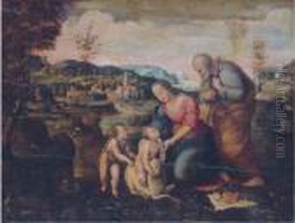 The Holy Family With The Infant Saint John Oil Painting by Raphael (Raffaello Sanzio of Urbino)