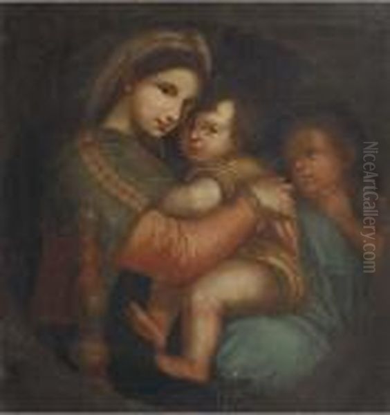 The Madonna Della Sedia, In A Feigned Tondo Oil Painting by Raphael (Raffaello Sanzio of Urbino)