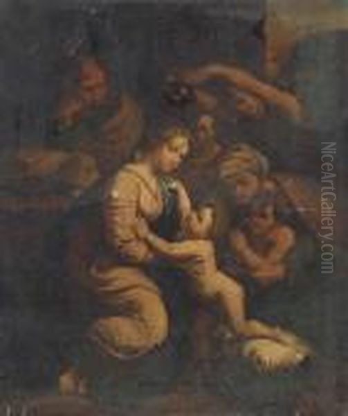 Holy Family With Saint Elizabeth, Saint John And Two Angels Oil Painting by Raphael (Raffaello Sanzio of Urbino)