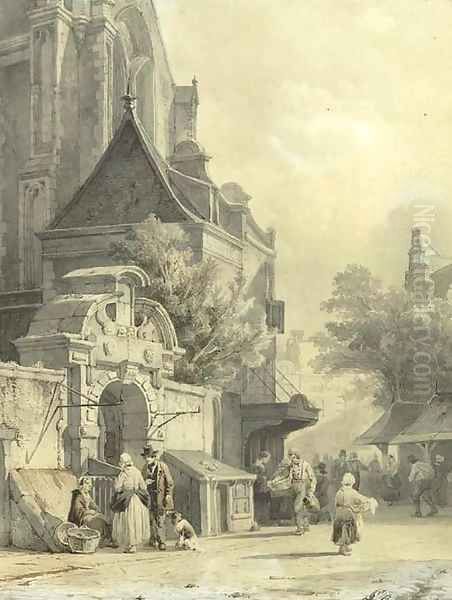 Daily activities on a church square Oil Painting by Cornelis Springer