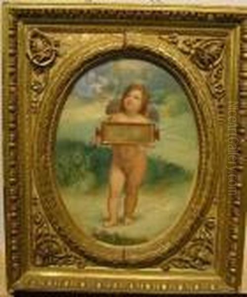 Cherub Holding Tablet Oil Painting by Raphael (Raffaello Sanzio of Urbino)