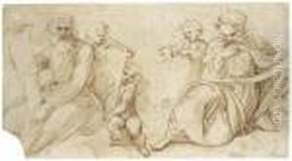 Two Prophets With Scrolls Seated With Putti Holding Tablets Oil Painting by Raphael (Raffaello Sanzio of Urbino)