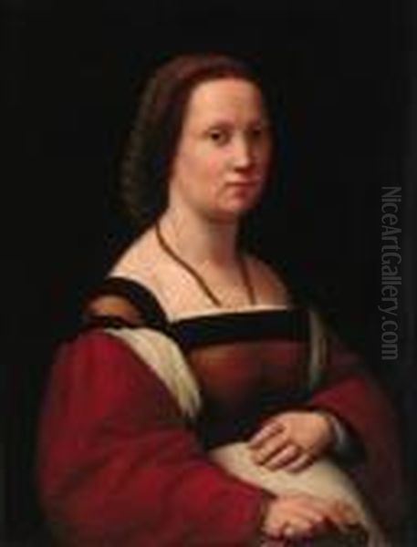 La Gravida - Portrait Of A Lady,
 Half-length, In A Brown Dress Withred Sleeves, Holding A Glove Oil Painting by Raphael (Raffaello Sanzio of Urbino)