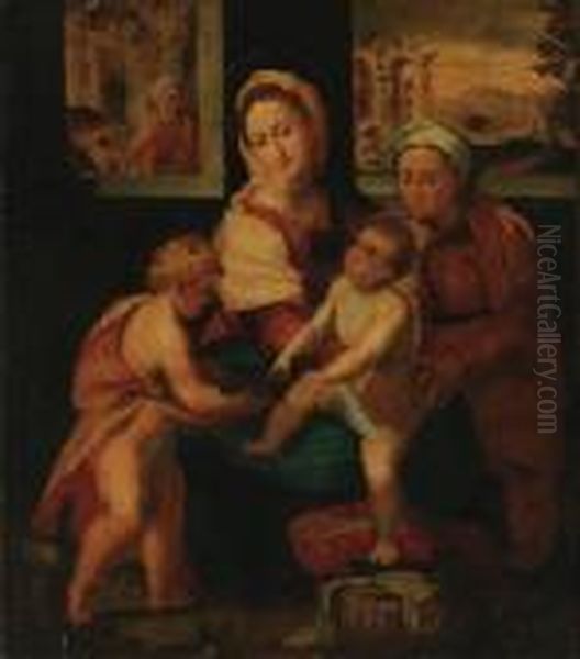 The Holy Family With The Infant Saint John And Saintelizabeth Oil Painting by Raphael (Raffaello Sanzio of Urbino)