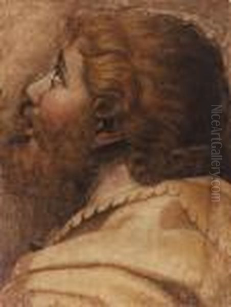 Head Of A Man Looking Up To The Left: A Cartoon For Atapestry Oil Painting by Raphael (Raffaello Sanzio of Urbino)