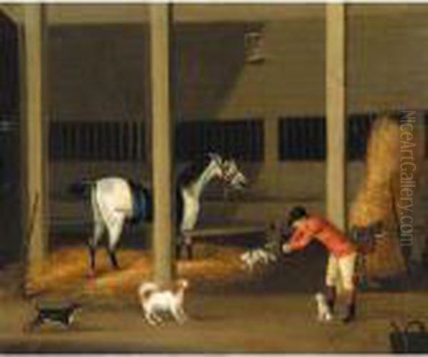 A Stable Interior With A Groom Releasing A Cat Oil Painting by John Nost Sartorius