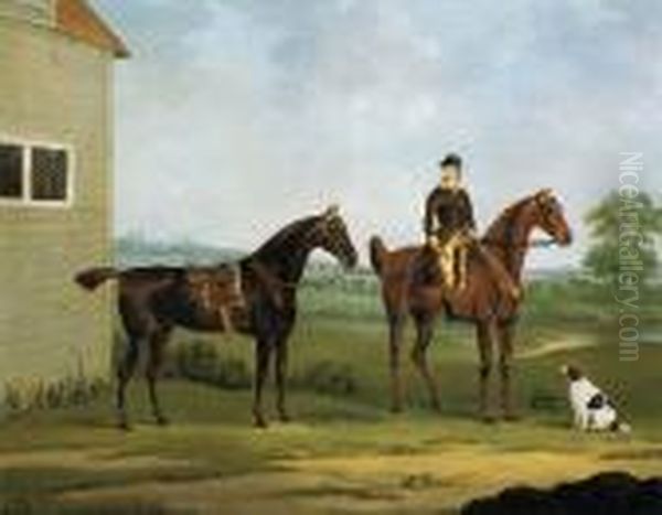 A Chestnut And A Bay Hunter With A Groom And Spaniel Oil Painting by John Nost Sartorius