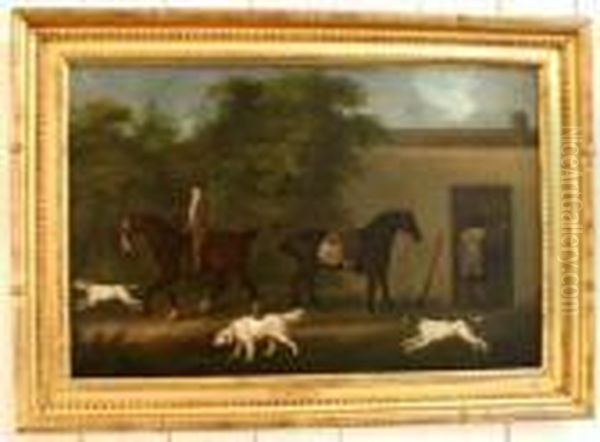 Huntsmen, Horses And Hounds By A Stable Oil Painting by John Nost Sartorius