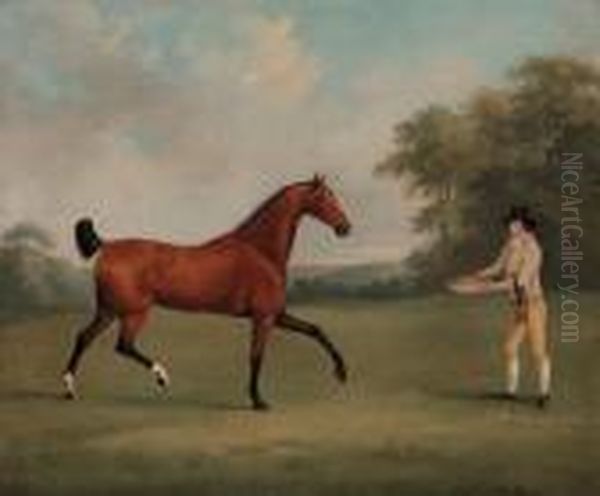 A Bay Hunter With A Groom, In A 
Wooded Landscape; And A Saddled Bayhunter Held By A Groom, In A Wooded 
Landscape Oil Painting by John Nost Sartorius