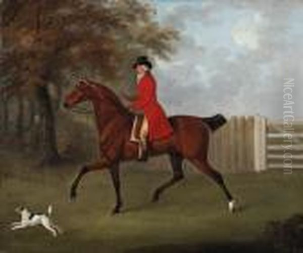 James Drake-brockman, Of 
Beachborough, Kent, On A Bay Hunter, Witha Terrier, In A Wooded 
Landscape Oil Painting by John Nost Sartorius