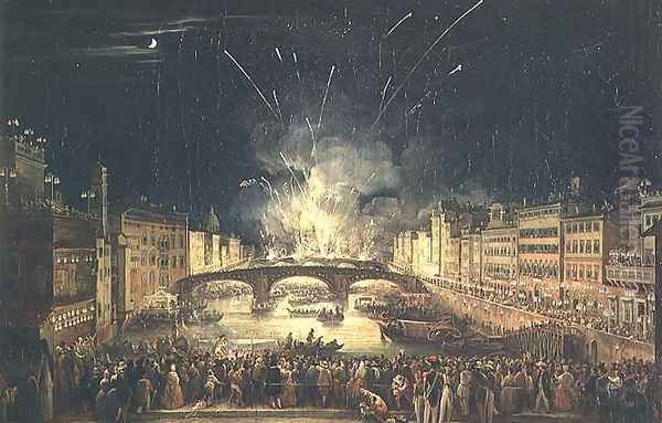 Fireworks over the River Arno Oil Painting by Giovanni Signorini