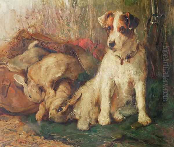 Left in Charge - A Fox Terrier with Game Oil Painting by Philip Eustace Stretton