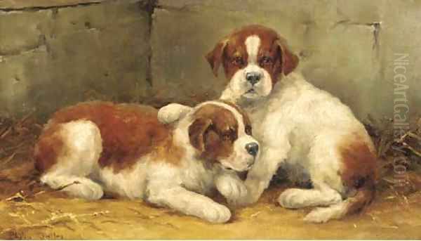 St. Bernard puppies Oil Painting by Philip Eustace Stretton