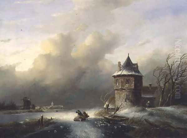 A Couple Crossing the Ice in Windy Weather Oil Painting by Jan Jacob Spohler