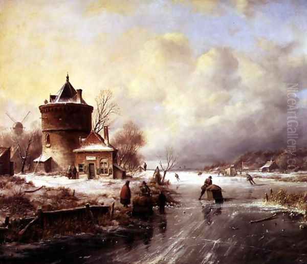 A Frozen River Oil Painting by Jan Jacob Spohler