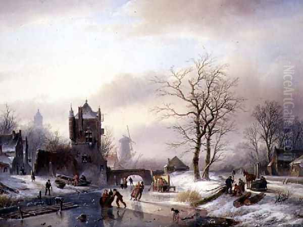 Skaters on a Frozen River Oil Painting by Jan Jacob Spohler