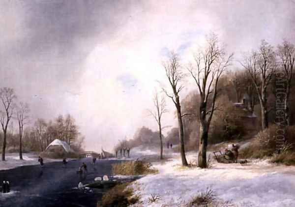 Faggot Gatherers and Skaters in a Winter Landscape, 1835 Oil Painting by Jan Jacob Spohler