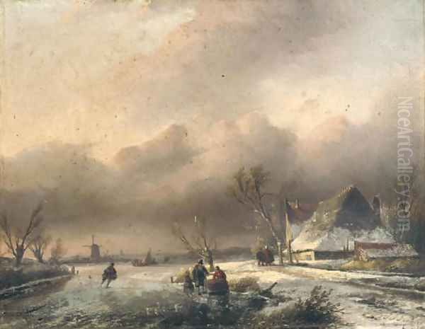 A Dutch winter landscape with villagers on the ice Oil Painting by Jan Jacob Spohler