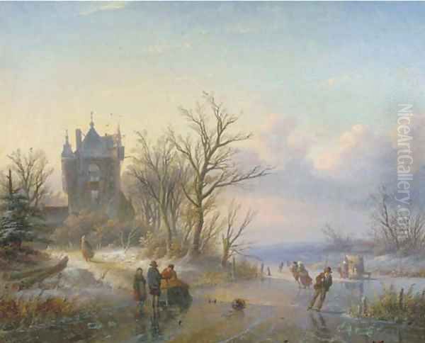 A sunny winter's day with skaters by a castle Oil Painting by Jan Jacob Spohler