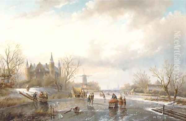 Skaters and figures by a koek en zopie on a sunny day, a castle nearby Oil Painting by Jan Jacob Spohler