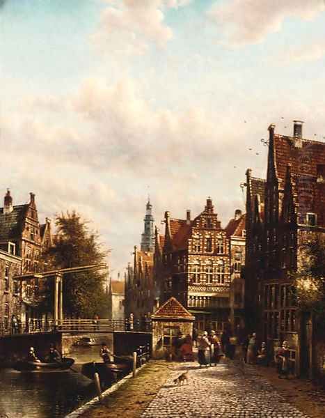 A Dutch town on a canal Oil Painting by Jan Jacob Spohler