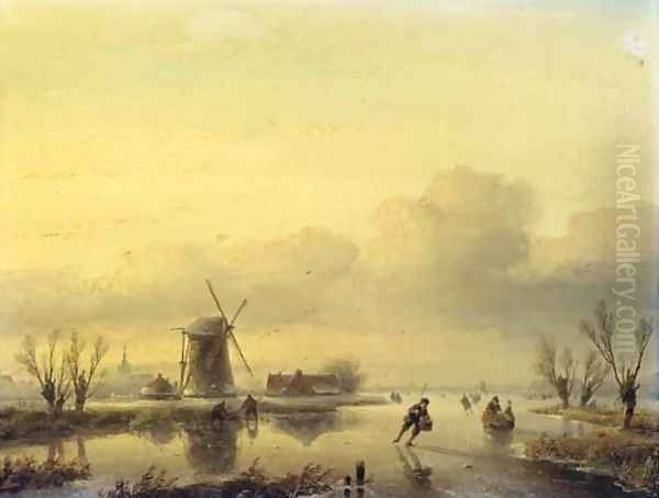 A winter landscape with figures on a frozen waterway Oil Painting by Jan Jacob Spohler