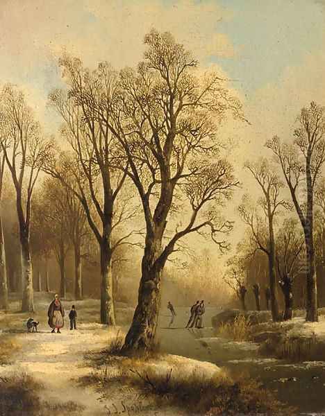 A forest in winter with skaters on a frozen waterway Oil Painting by Jan Jacob Spohler