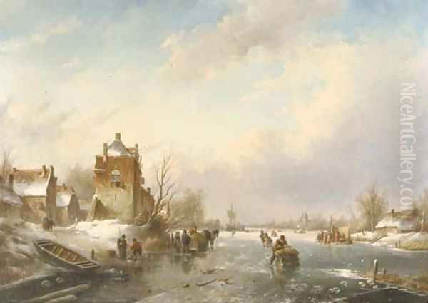 A winter landscape with skaters, a koek en zopie beyond Oil Painting by Jan Jacob Spohler