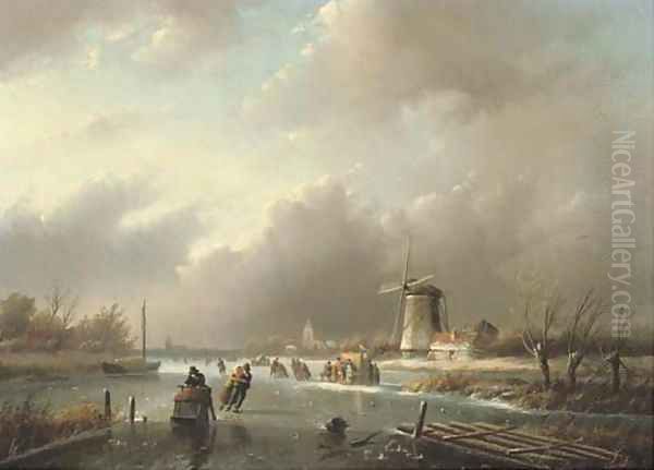 Ice-skating on a frozen river in winter Oil Painting by Jan Jacob Spohler