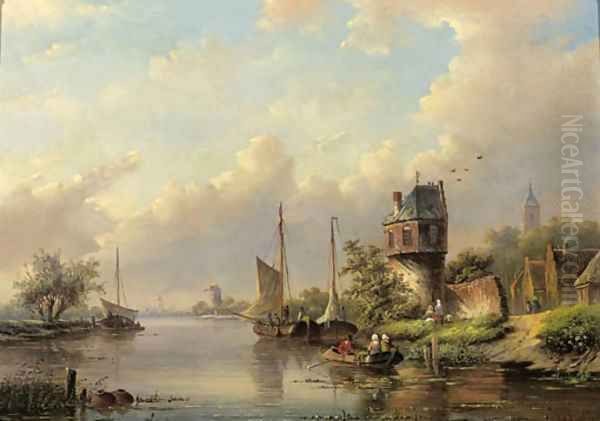 Sailing vessels on a river in summer Oil Painting by Jan Jacob Spohler