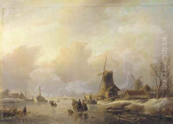 Skaters by a koek en zopie on a frozen waterway by Jan Jacob Spohler