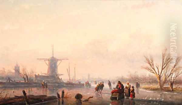 A winter landscape with skaters and horse-drawn sledge by windmill on frozen river Oil Painting by Jan Jacob Spohler