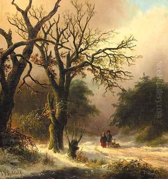 Travellers in a winter forest Oil Painting by Jan Jacob Spohler