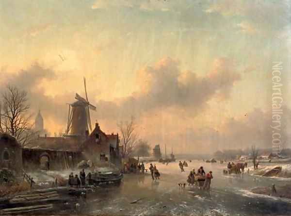 Winterfun numerous skaters on a frozen waterway Oil Painting by Jan Jacob Spohler