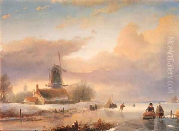 A winter landscape with skaters near a koek-en-zopie Oil Painting by Jan Jacob Spohler