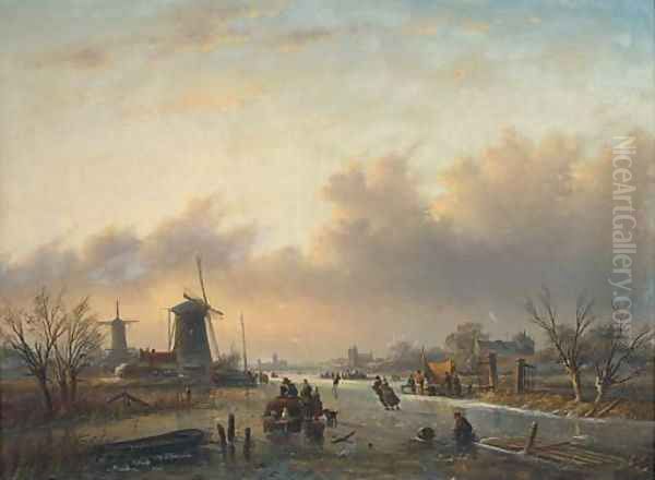 Skaters on a Dutch waterway before windmills at dusk Oil Painting by Jan Jacob Spohler