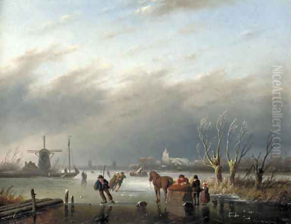 Skaters on a frozen estuary Oil Painting by Jan Jacob Spohler