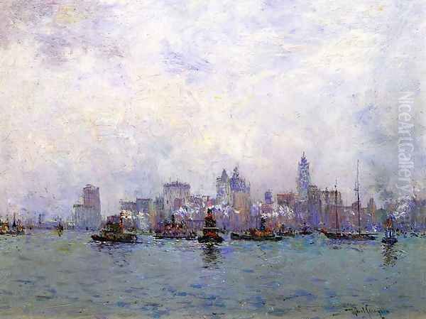 Lower New York from Grace & Co.'s Pier Oil Painting by Paul Sawyier