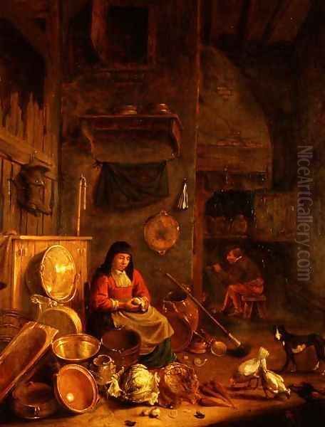 A Kitchen Interior with a Woman Peeling Potatoes beside a Dog, a Man Smoking in front of a Fire beyond Oil Painting by Hendrick Maertensz. Sorch (see Sorgh)