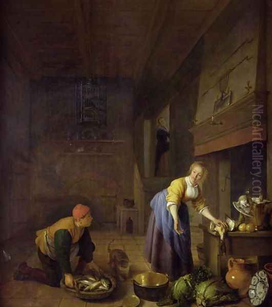 A kitchen with a kitchenmaid preparing poultry and a fishmonger delivering fish Oil Painting by Hendrick Maertensz. Sorch (see Sorgh)