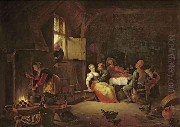 Peasants merrymaking at table in a cottage kitchen Oil Painting by Hendrick Maertensz. Sorch (see Sorgh)