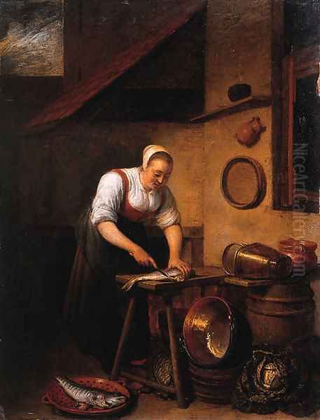 A maid standing by a table cleaning fish, pots, pans and cabbages on a barrel nearby, in a farmyard Oil Painting by Hendrick Maertensz. Sorch (see Sorgh)