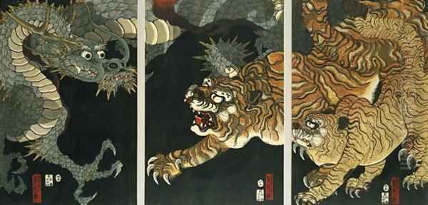 A dragon and two tigers Oil Painting by Utagawa Sadahide