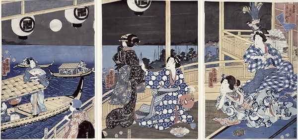 An Autumn Moon over Fukagawa the pleasure district, from the series Azuma Genji Prince Genji from the East Capital Edo 1856 Oil Painting by Utagawa Sadahide