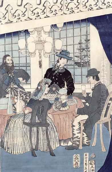 The salon of a house of foreign merchants at Yokohama, 1861 Oil Painting by Utagawa Sadahide