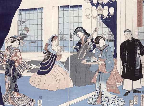 The salon of a house of foreign merchants at Yokohama, 1861 2 Oil Painting by Utagawa Sadahide