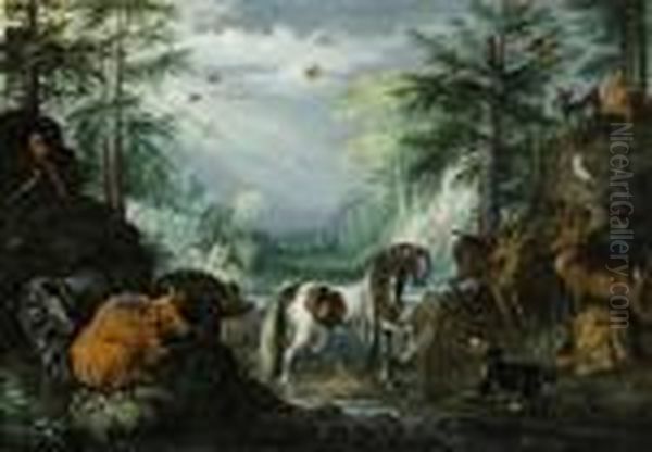 Paradisiacal Landscape With Animals And Saint Hubertus. Oil Painting by Roelandt Jacobsz Savery